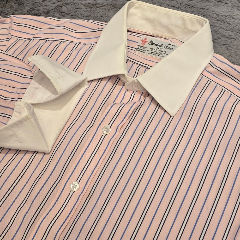 Turnbull & Asser Mens Dress Shirt 16 41 Pink Blue Stripe French Cuff England